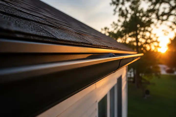 Seamless 6-inch gutter installed along a shingle roofline at sunset